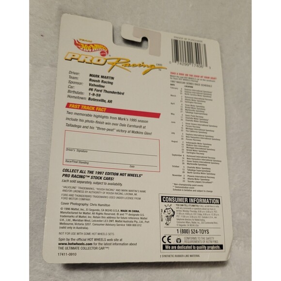 Hot Wheels Pro Racing #6 Mark Martin Hot Wheels with Collector Card 1997 - Picture 3 of 5